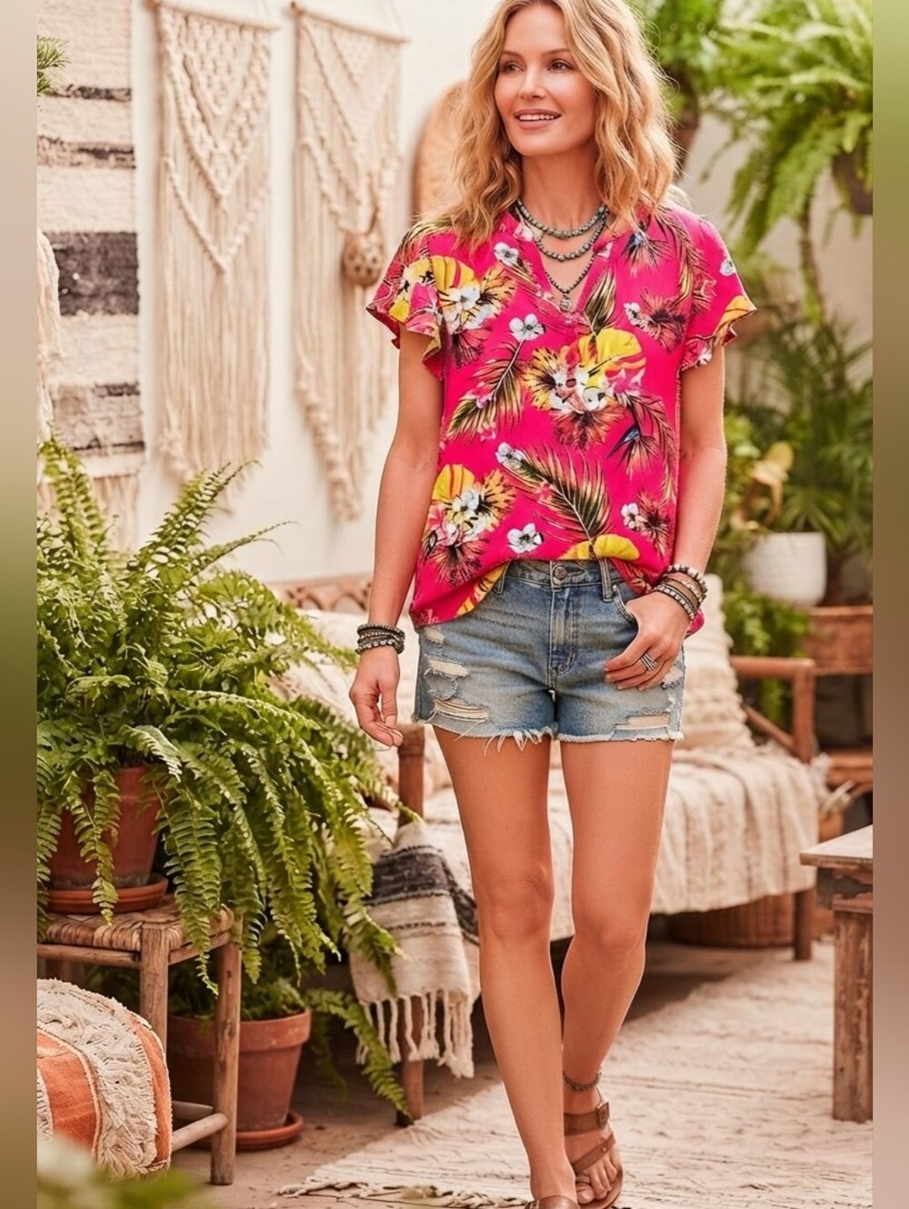 Nwt Elizabeth & Nicole Tropical Floral Rayon Blouse Pink Top Palm Print Resort